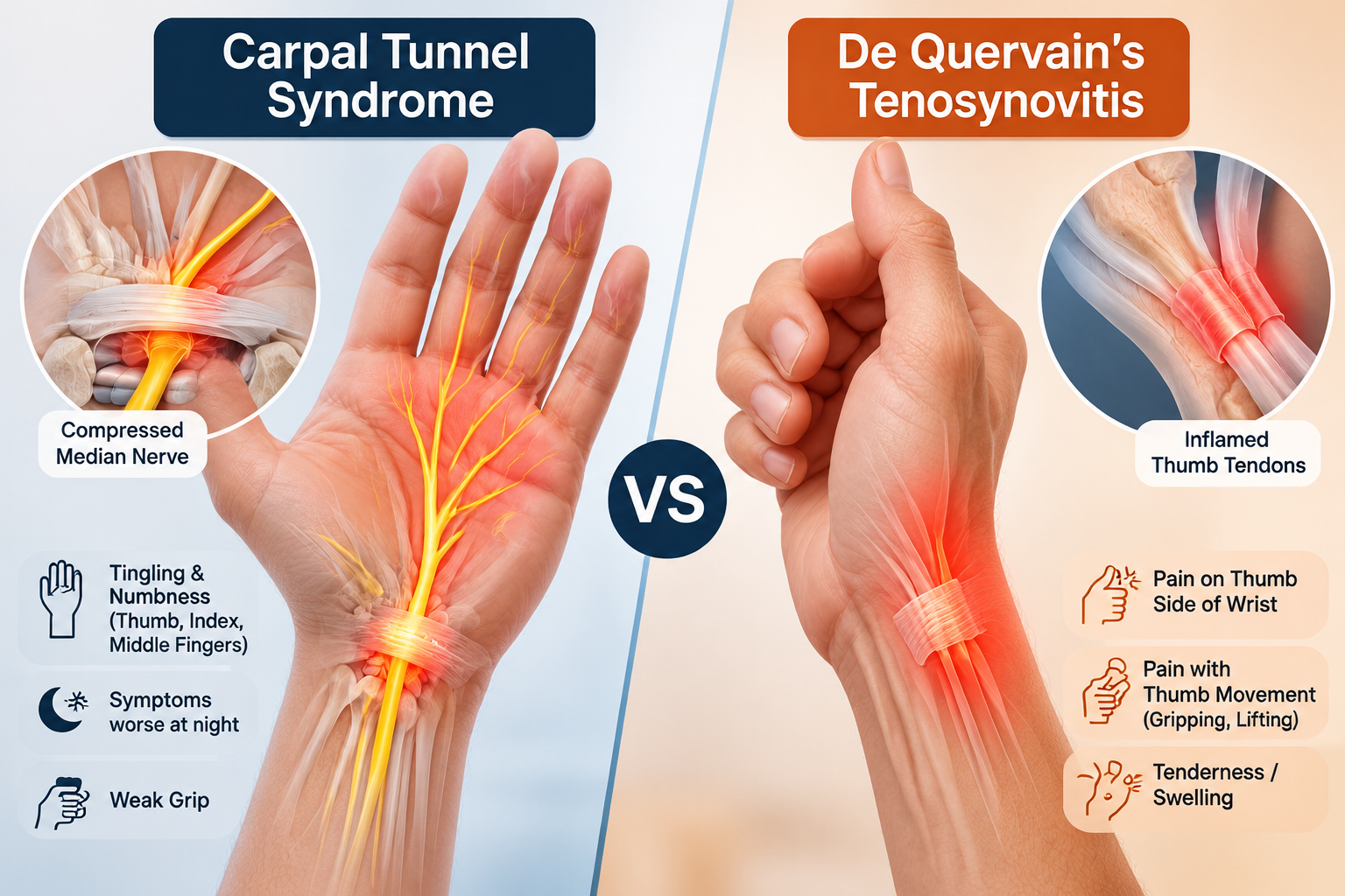 Carpal Tunnel Syndrome vs De Quervain’s Tenosynovitis: Similar Wrist Pain, Different Problems